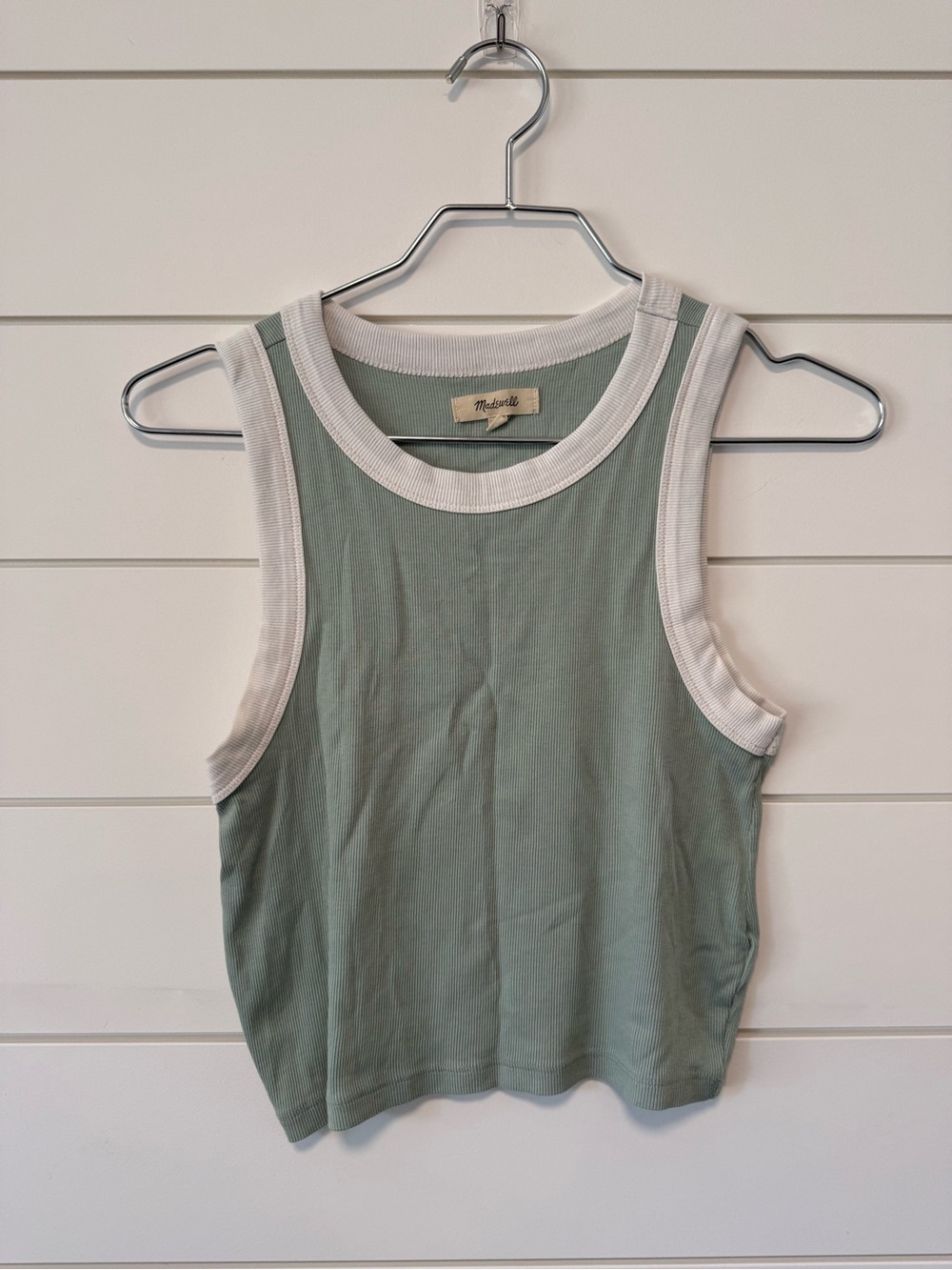 Madewell Sage Green Ribbed Tank Crop with White Trim Accents Size M